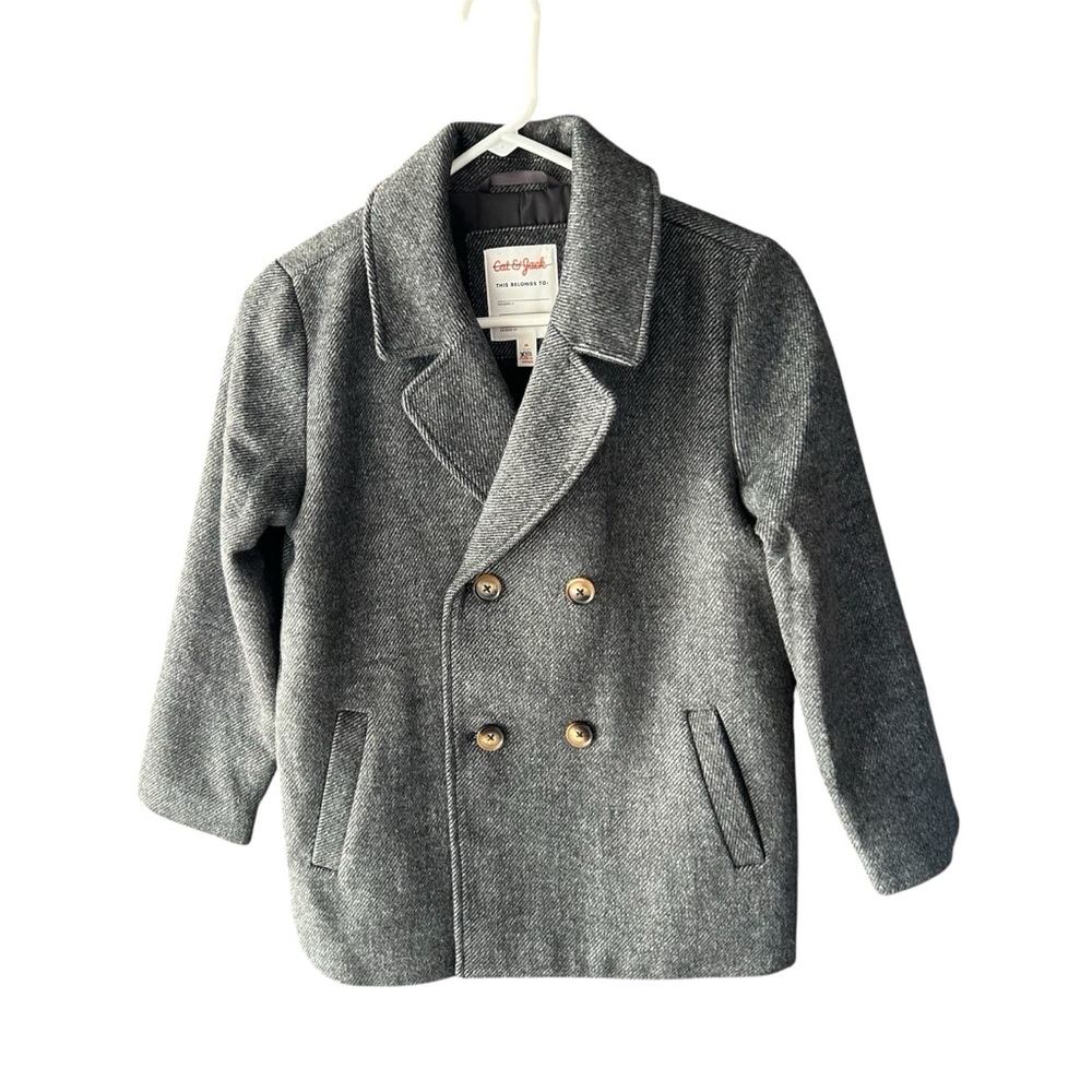 🆕 Cat & Jack Gray Tweed Faux Wool Double Breasted Lined Pea Coat Size M (8)